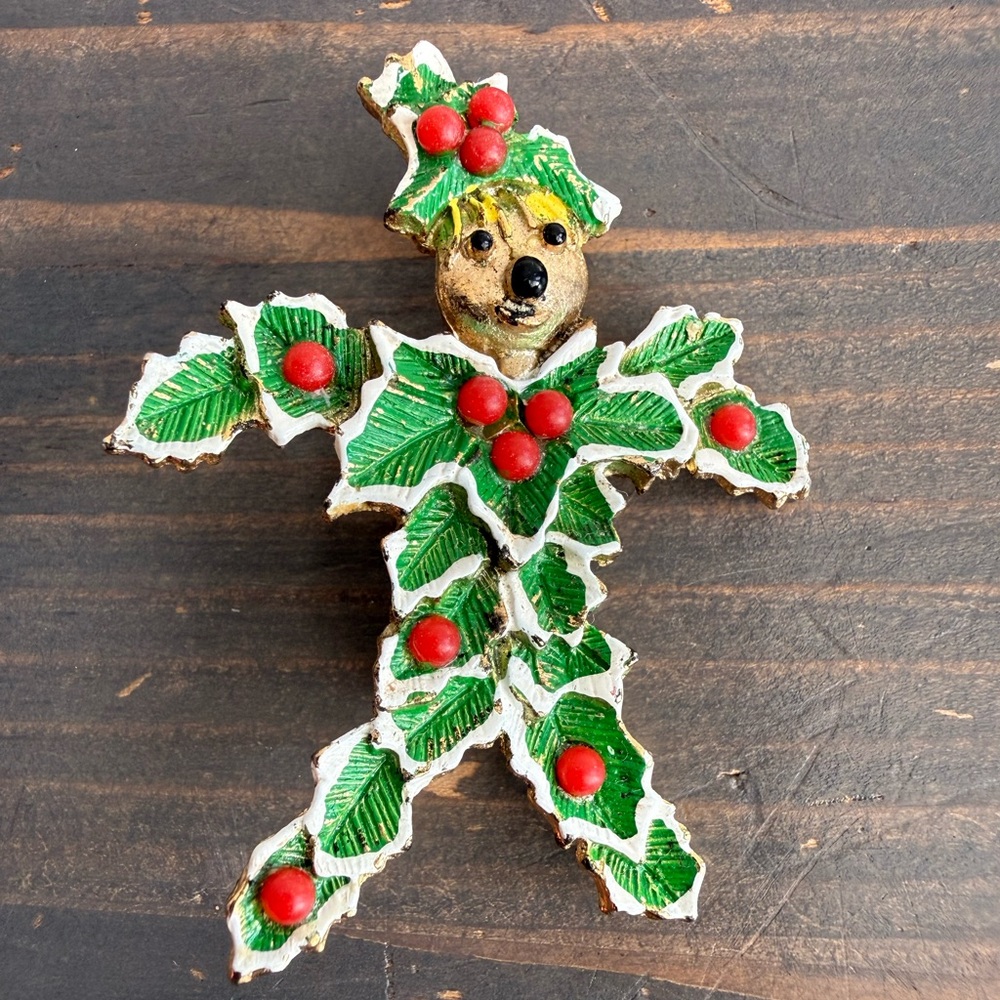 Vintage Beatrix enamel Holly & berries scarecrow pin/ brooch